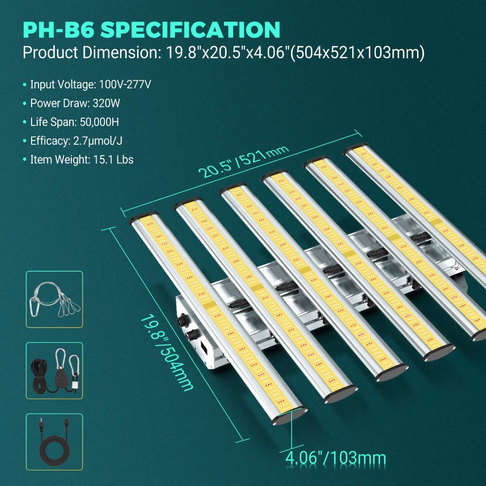 PHLIZON Grow Light PHLIZON PHB6 320W Full-spectrum+UV/IR Daisy Chain Dimmable Cost-effective High-yield Commercial LED Grow Light for 3×3 PH-B6