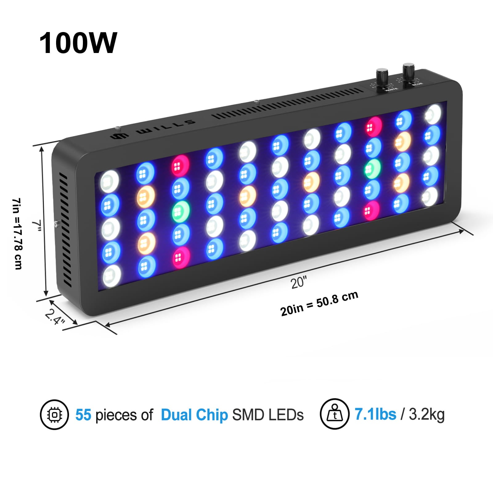 PHLIZON US Official Store L Wills Aquarium Light 100W Full Spectrum LED Reef Lights for Coral Saltwater Fish Tank, Soft/LPS Corals Blue/White Dual Dimmable Channels,55 Premium SMD LEDs, Daisy Chain Design, Hanging Kit A54
