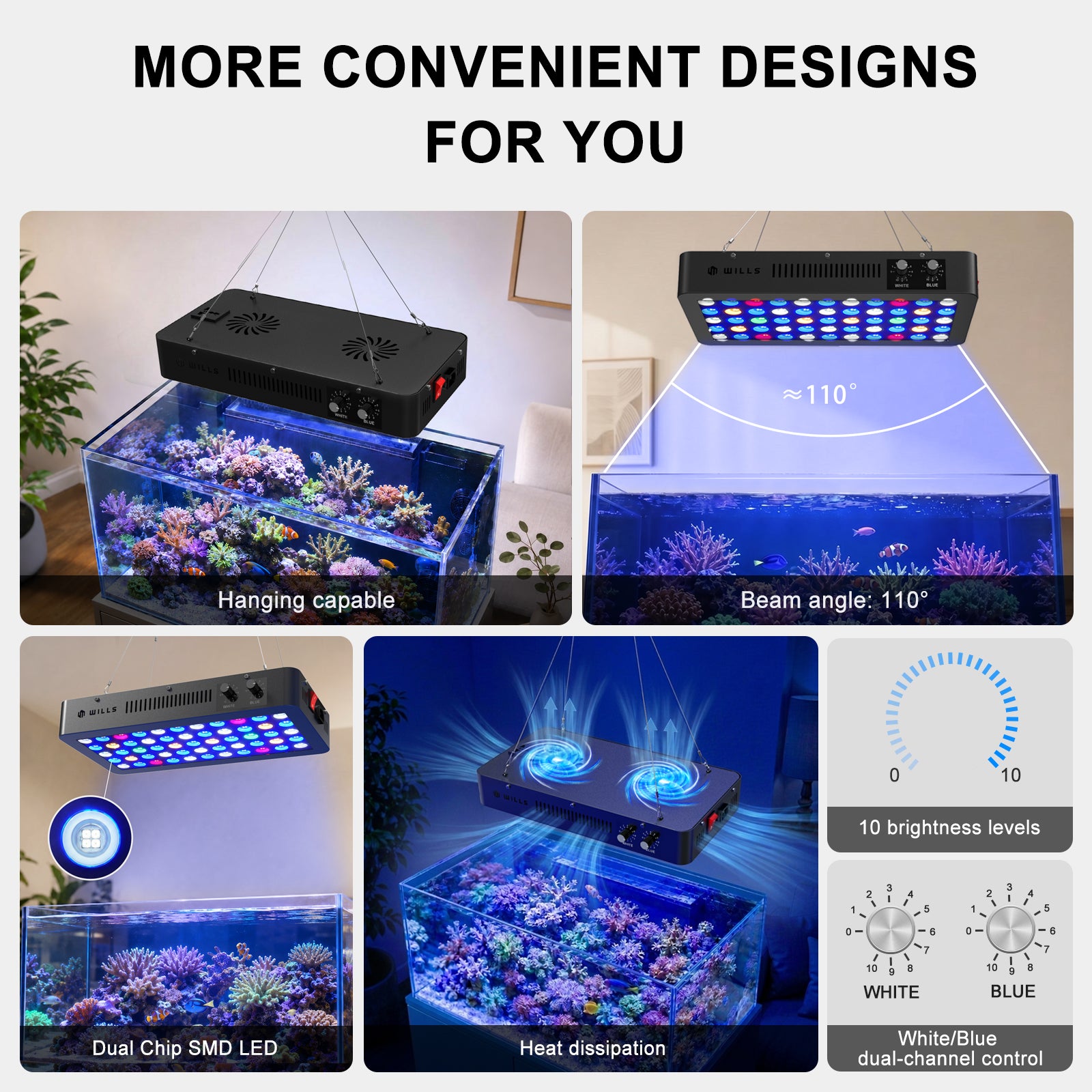 PHLIZON US Official Store Wills Aquarium Light 100W Full Spectrum LED Reef Lights for Coral Saltwater Fish Tank, Soft/LPS Corals Blue/White Dual Dimmable Channels,55 Premium SMD LEDs, Daisy Chain Design, Hanging Kit